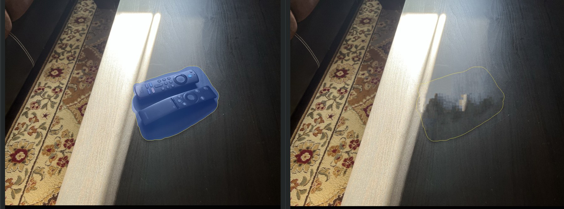 Criminisi inpainting test removing two TV remotes from a table