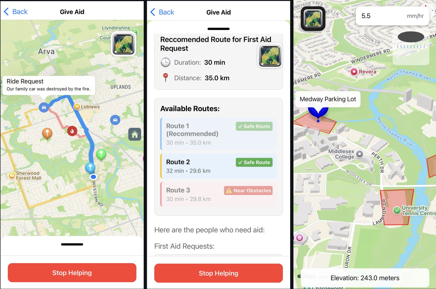 HERO app screens: a ride request on the map, safe route options for a first-aid request, and a flood-risk map with rainfall and elevation