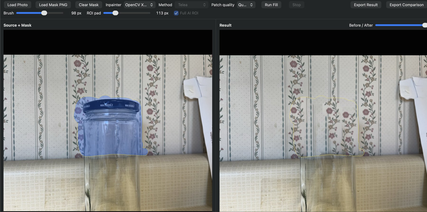 OpenCV xphoto inpainting test removing a jar in front of floral wallpaper